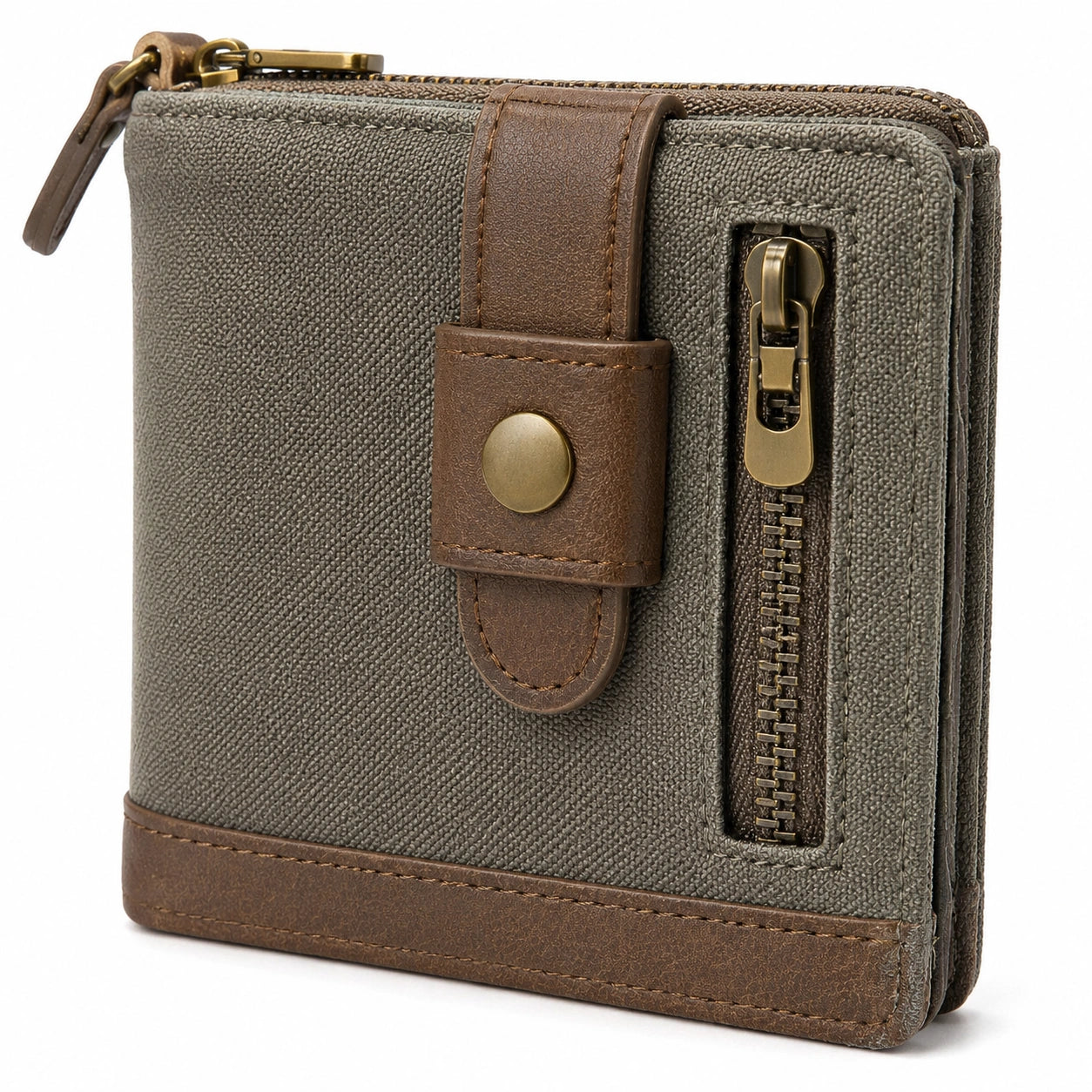Portefeuille compact 12 x 3 x 10 cm en matière synthétique gris marron à fermeture zippée
