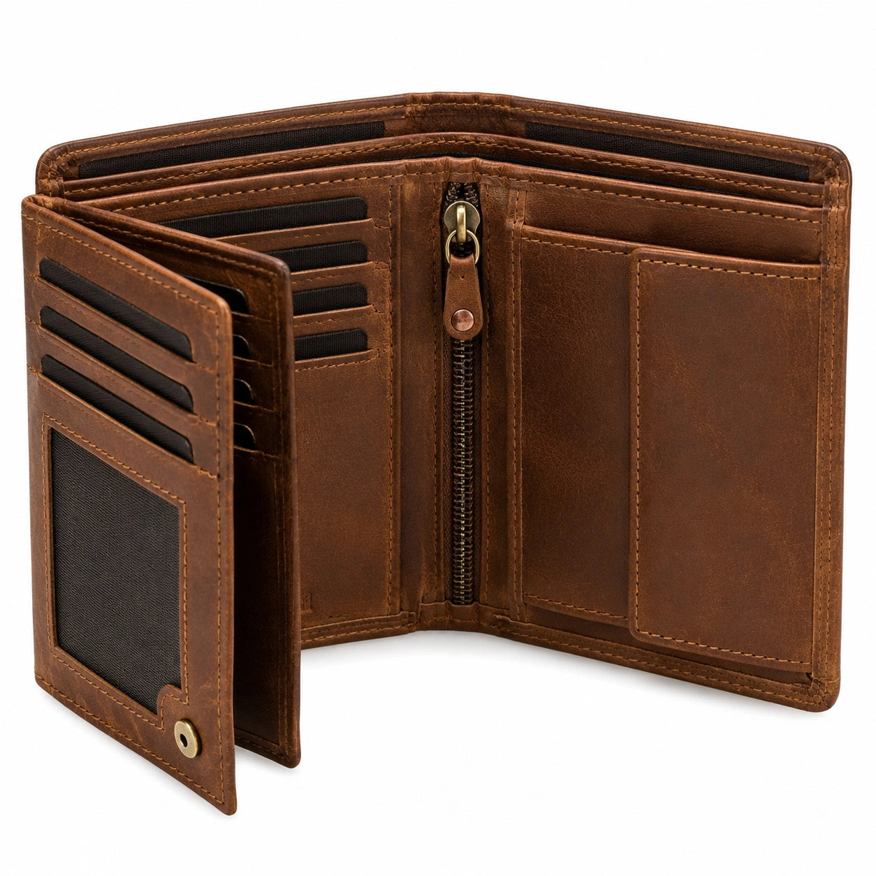 Portefeuille pliant 12 x 9.5 x 2 cm en cuir marron avec porte-monnaie zippé