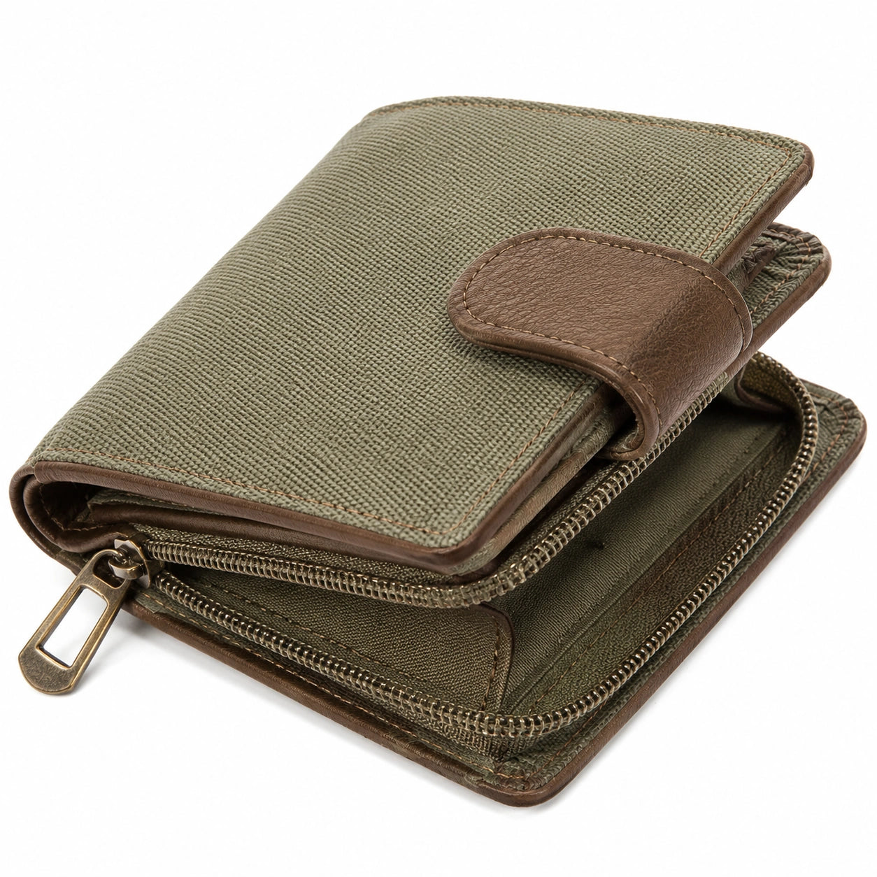 Portefeuille 19 x 10 x 3 cm en tissu kaki et similicuir marron avec fermeture zippée