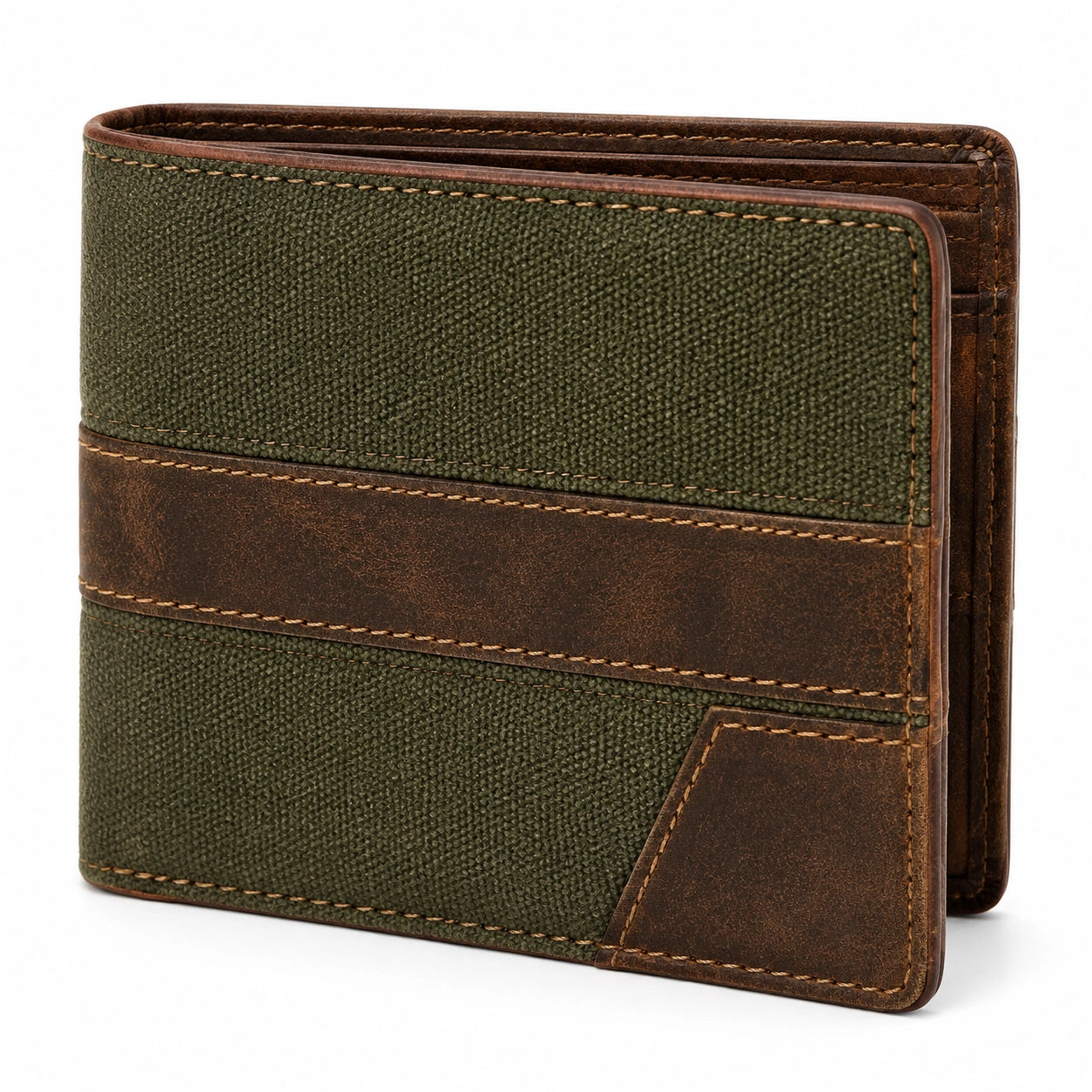 Portefeuille pliant 12 x 9 x 2 cm cuir et toile vert marron style classique
