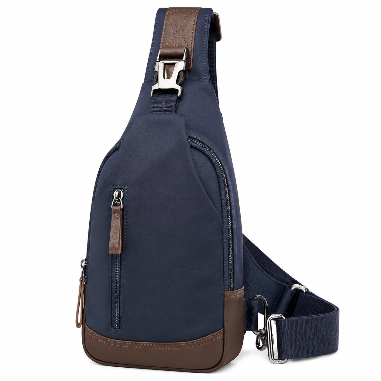 Sac bandoulière 18 x 8 x 32 cm textile bleu marine marron style urbain avec fermeture éclair