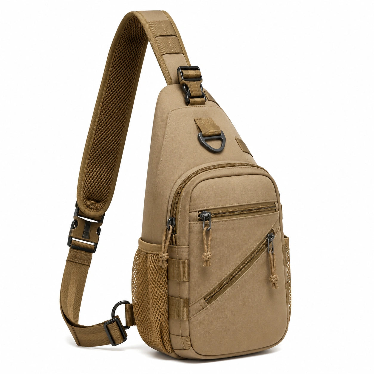 Sac bandoulière 20 x 10 x 34 cm en tissu synthétique kaki style utilitaire avec poches zippées