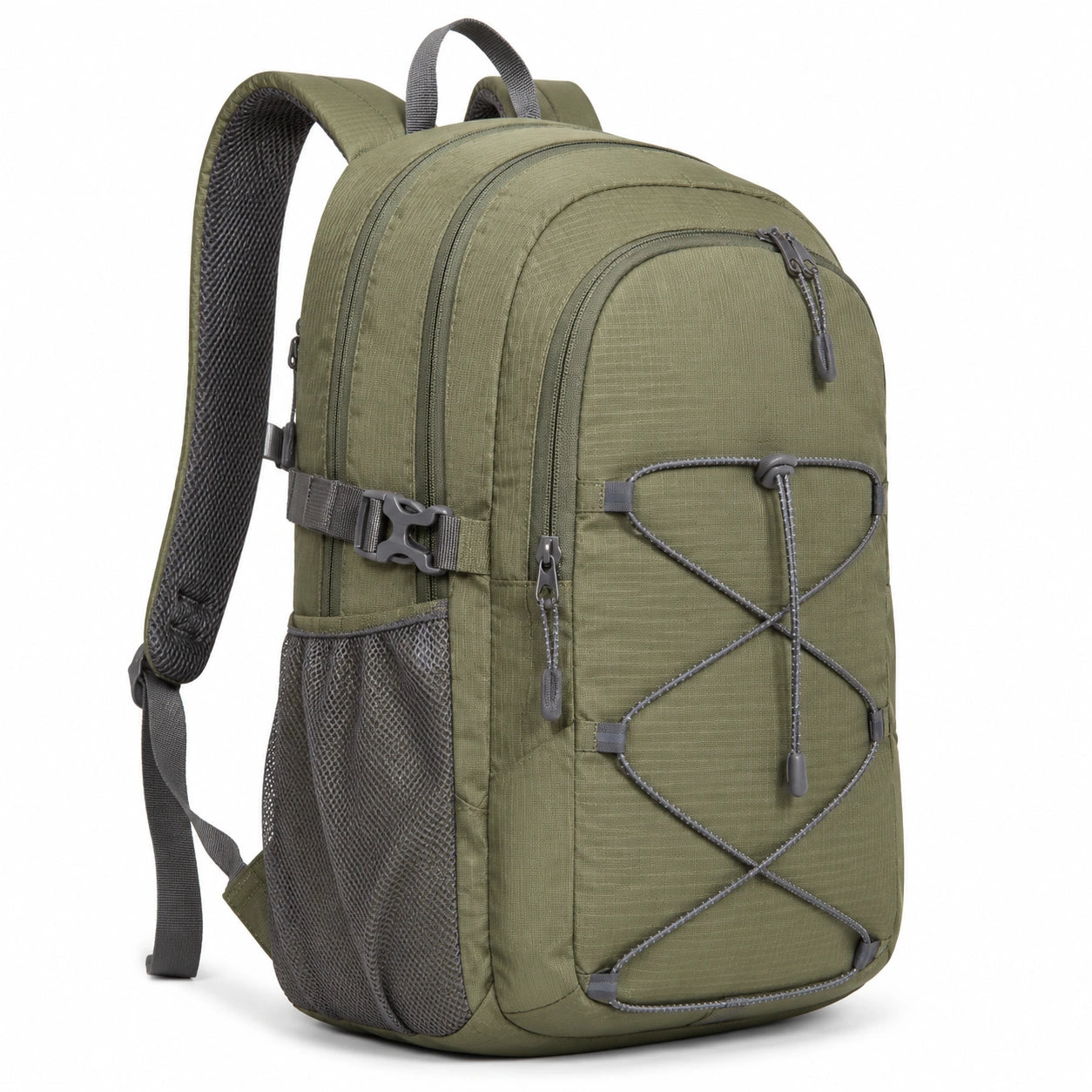 Sac à dos 30 x 18 x 45 cm en textile vert kaki et gris à compartiments multiples pour randonnée