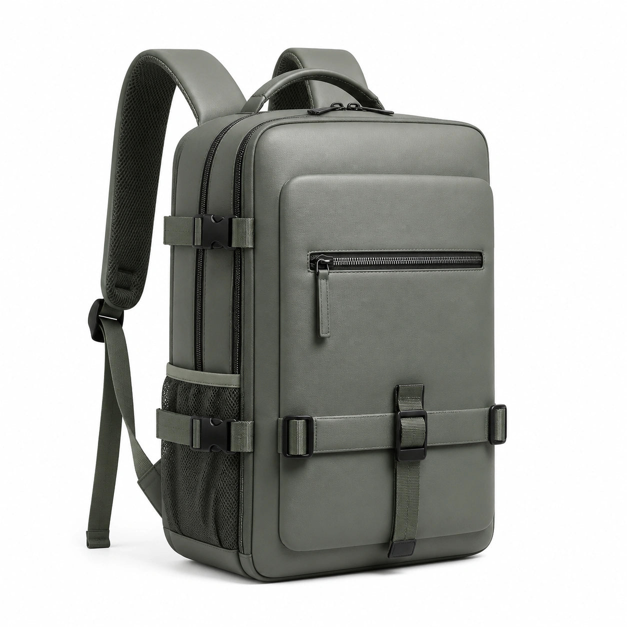 Sac à dos 32 x 18 x 45 cm en similicuir vert kaki avec compartiments zippés style urbain
