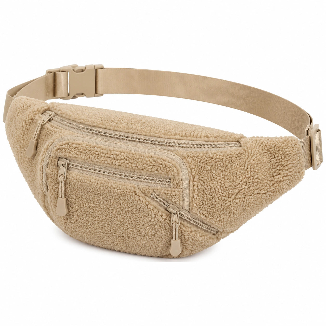 Sac banane 30 x 8 x 15 cm en tissu bouclette beige avec sangle réglable