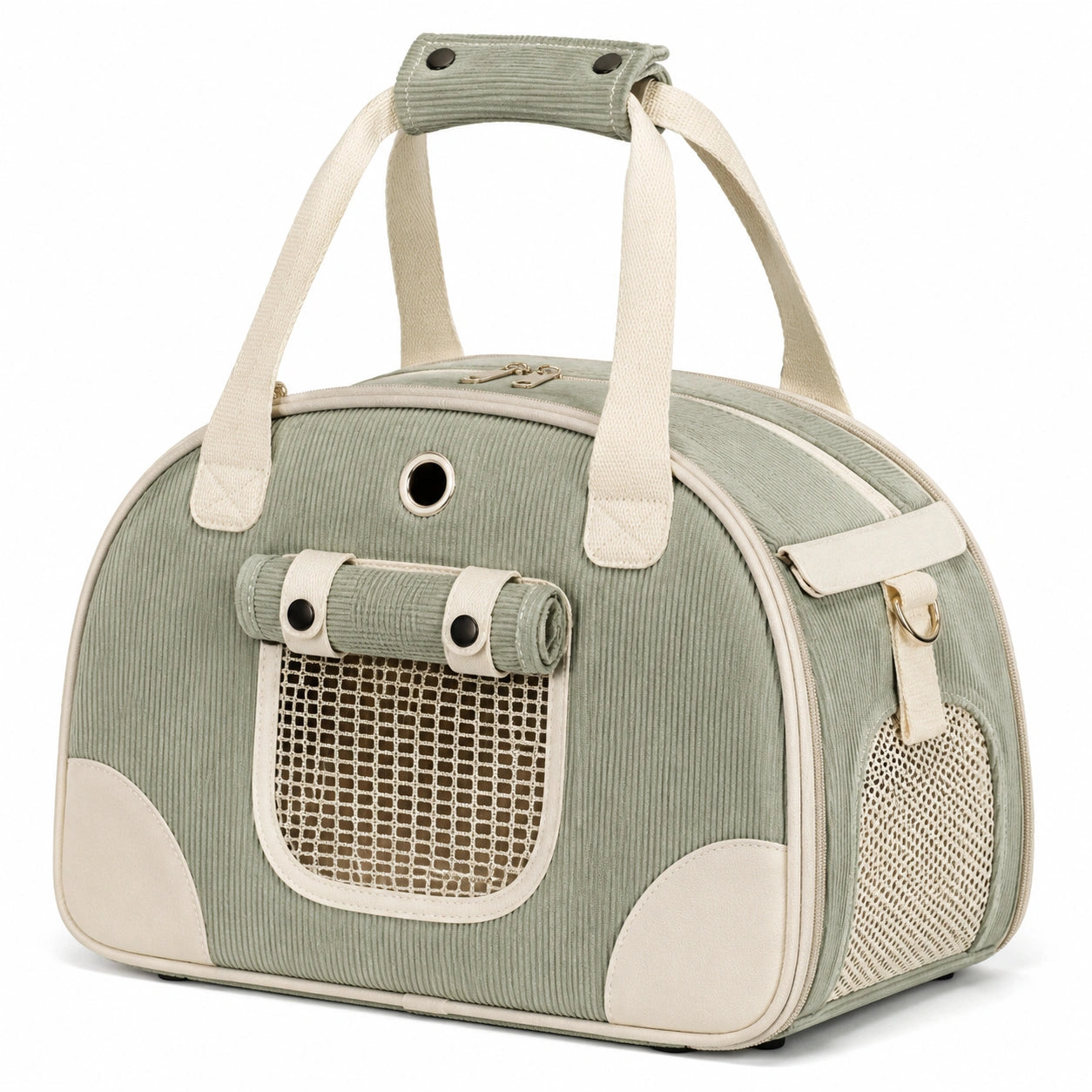 Sac de transport pour animaux 45×28×30 cm vert sauge en textile côtelé avec panneaux respirants