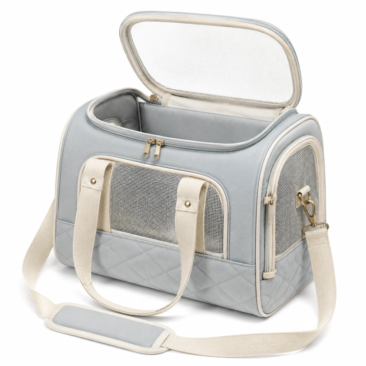 Sac de transport pour animaux 45×28×30 cm textile gris clair avec maille respirante et bandoulière