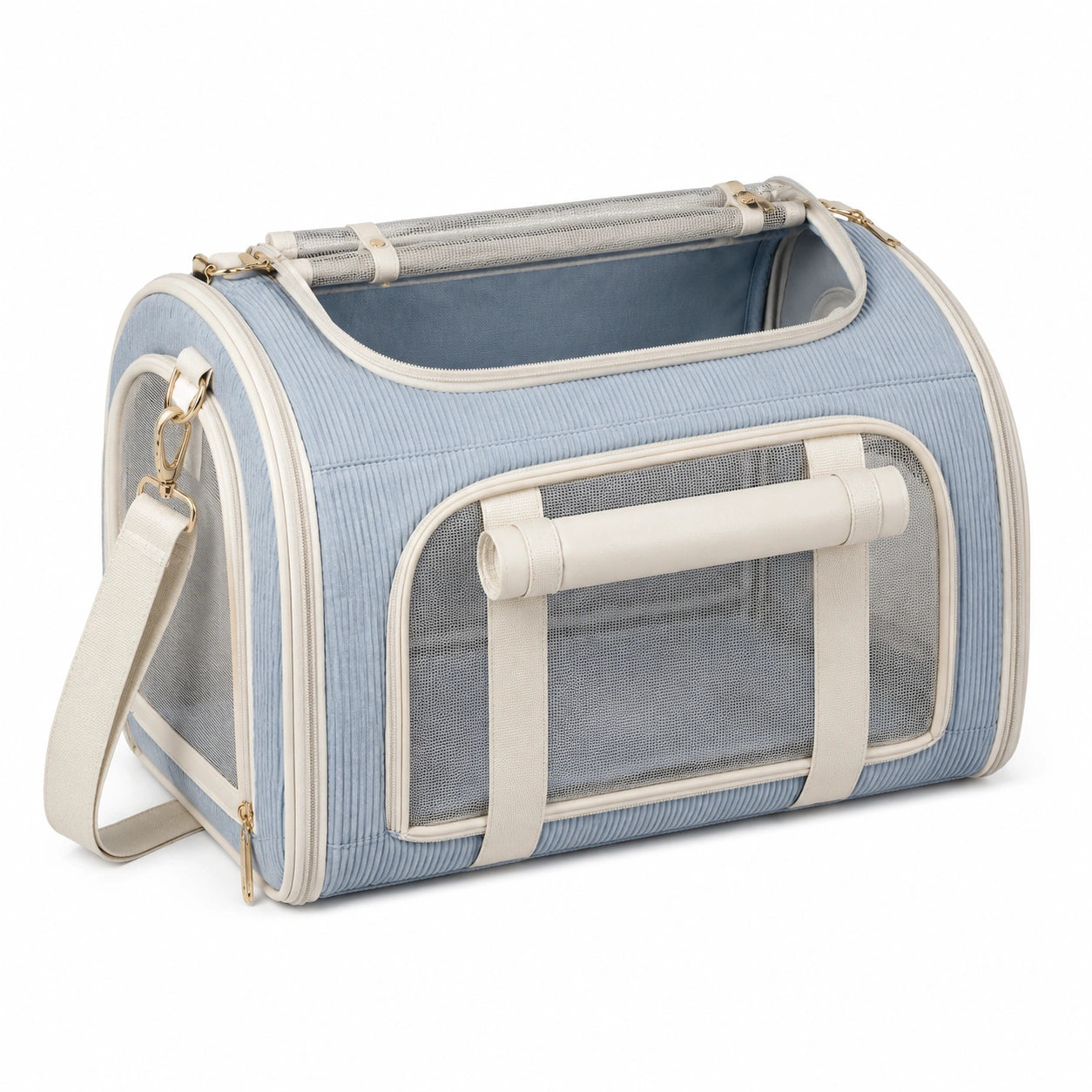 Sac de transport pour animaux 45 x 28 x 30 cm textile bleu ciel avec maille respirante et bandoulière