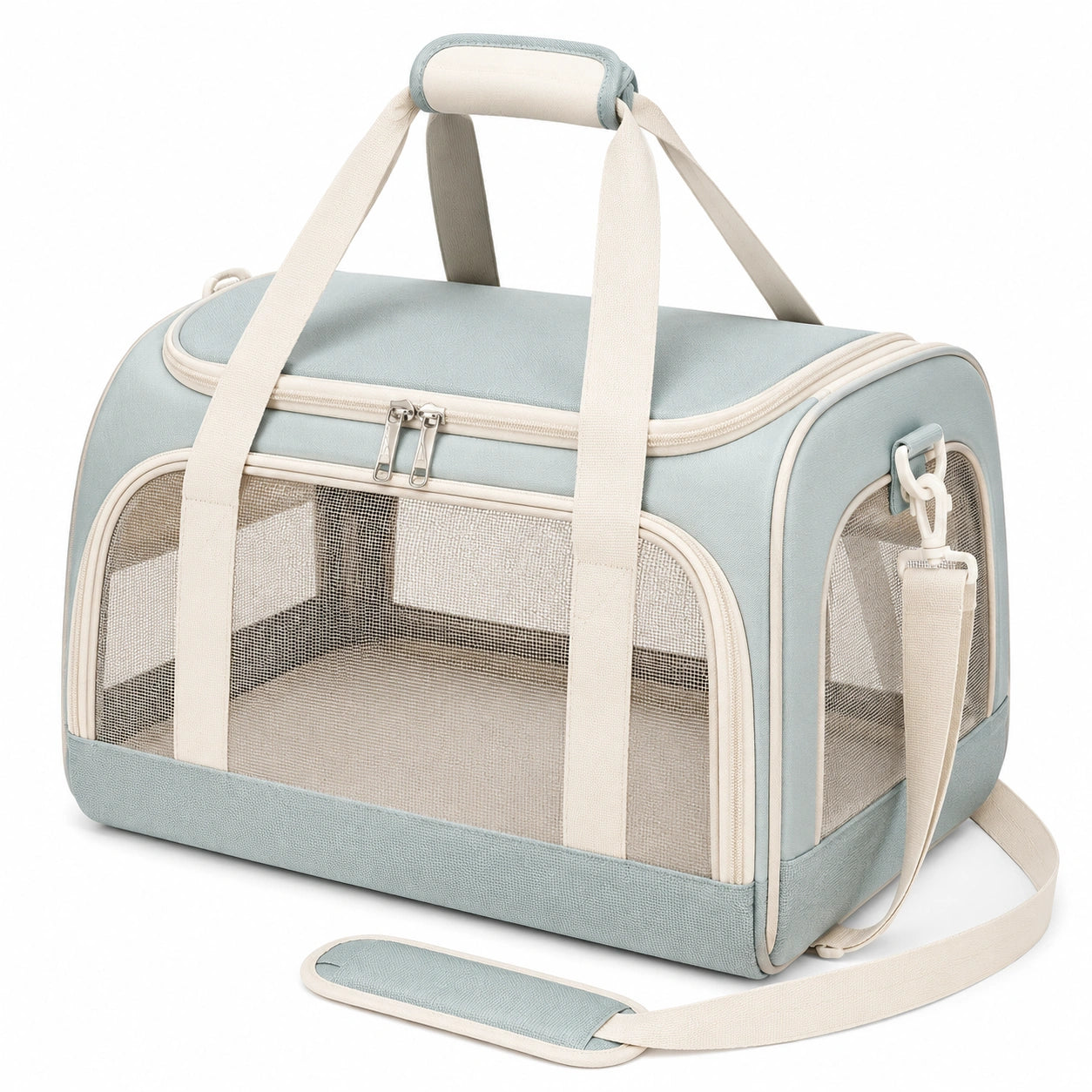 Sac de transport pour animaux 45 x 28 x 28 cm textile bleu pâle à panneaux en maille avec bandoulière
