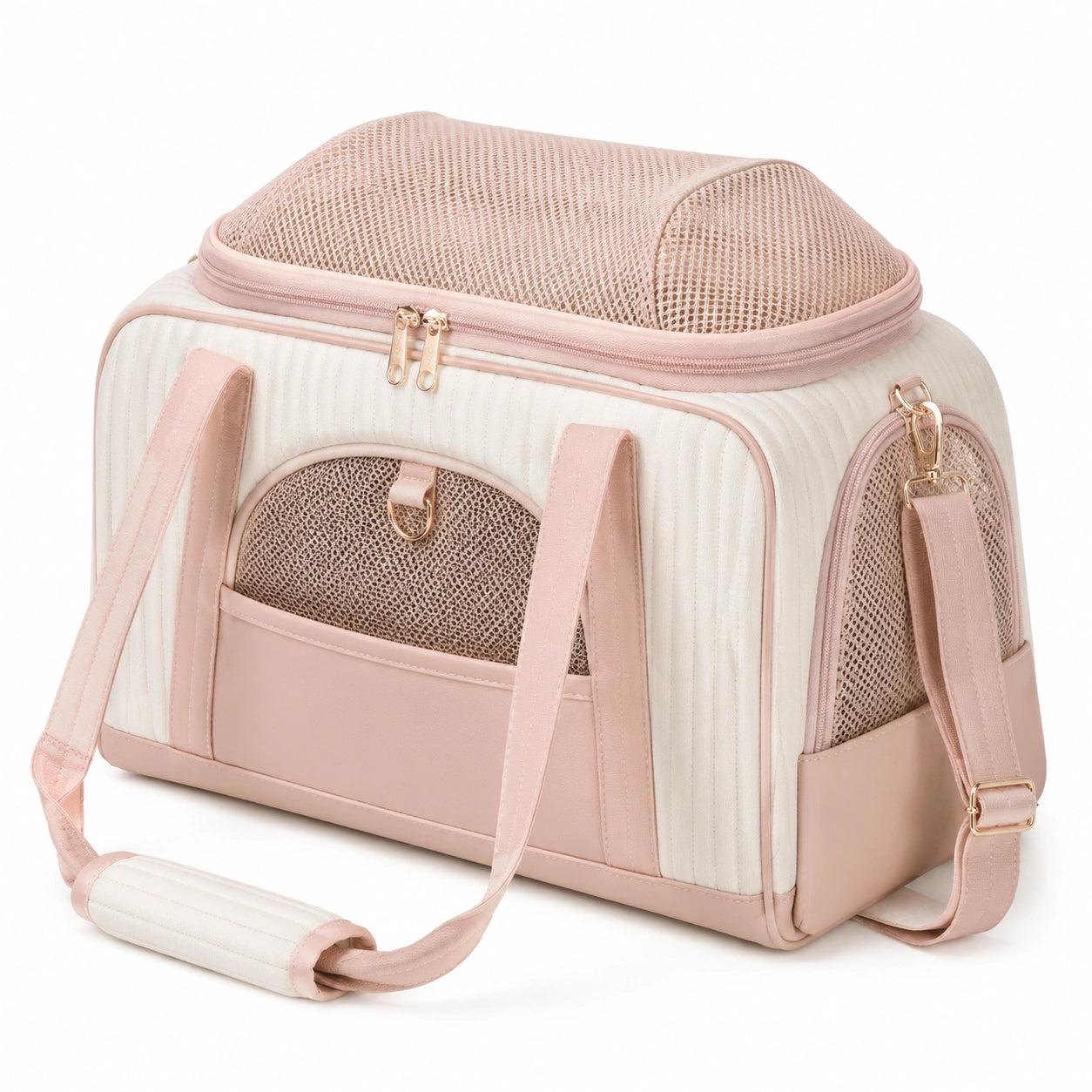 Sac de transport pour animal 45 x 28 x 30 cm textile matelassé rose et blanc avec panneaux en maille