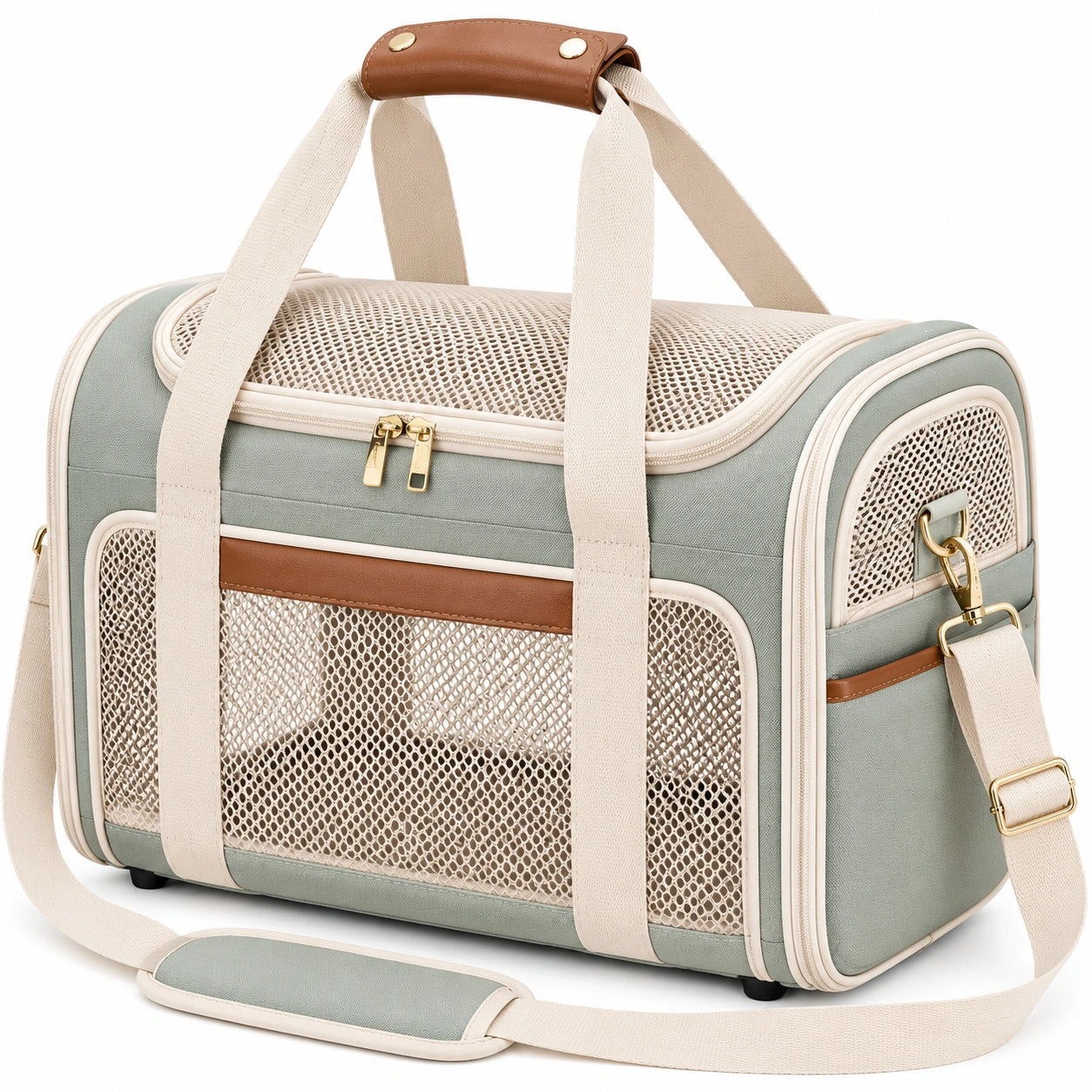 Sac de transport pour animaux 45 x 25 x 30 cm en textile vert sauge avec maille respirante et bandoulière