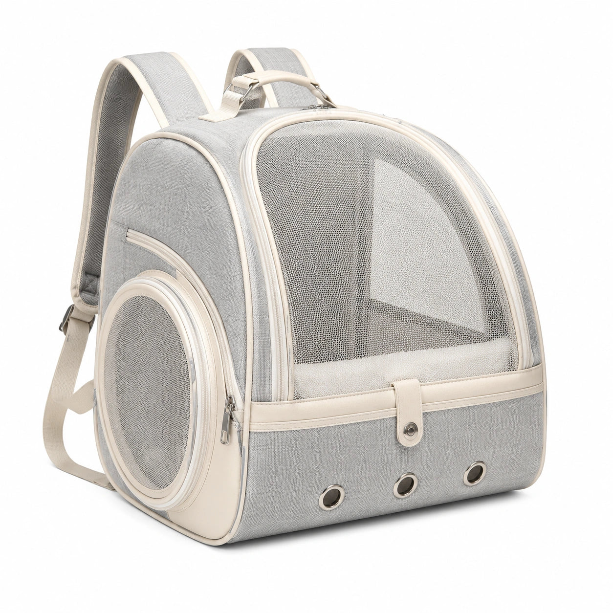Sac à dos de transport pour animaux 42 × 28 × 42 cm en textile gris clair et beige avec maille respirante
