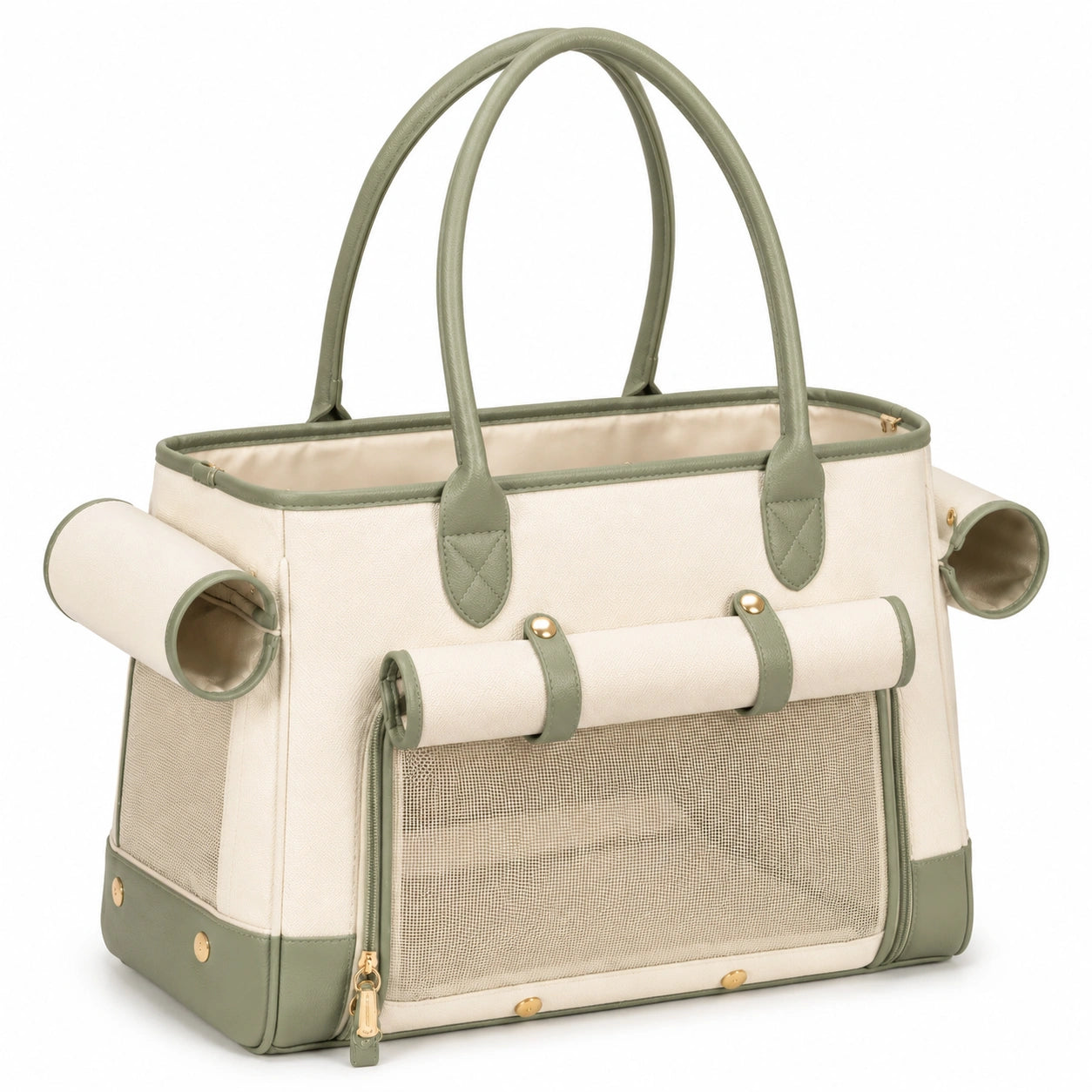 Sac de transport pour animal 45 x 28 x 30 cm en textile beige et vert avec panneaux en maille