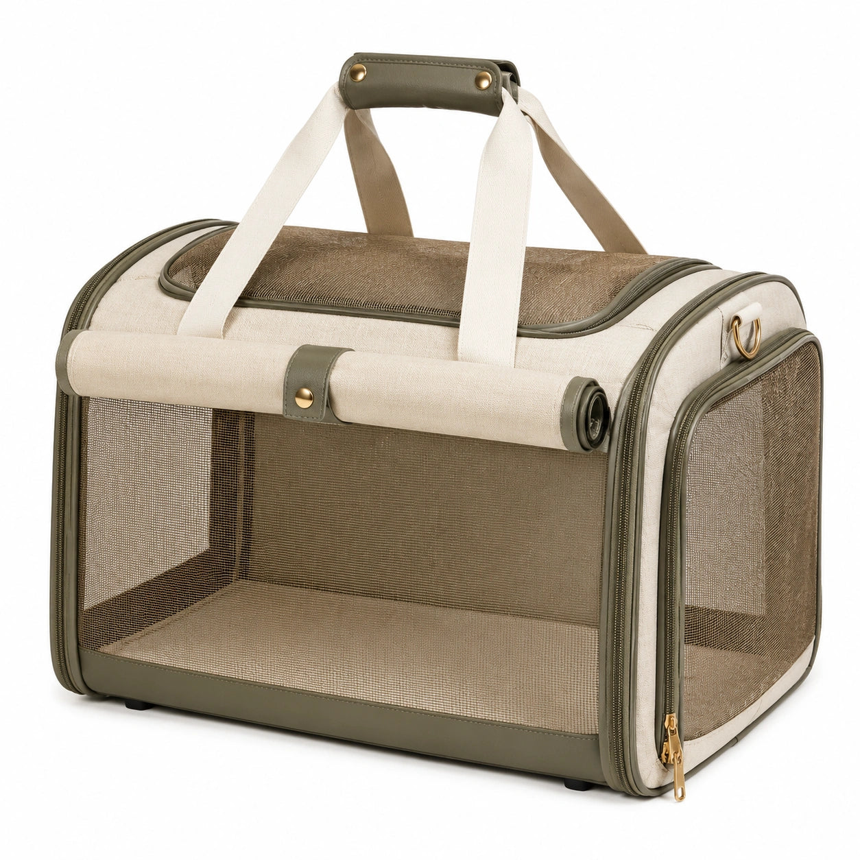 Sac de transport pour animaux 50 x 30 x 32 cm tissu et maille beige/vert kaki pliable
