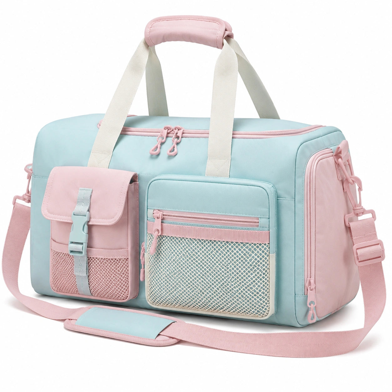 Sac de voyage 42 x 22 x 28 cm en tissu synthétique bleu clair rose avec bandoulière réglable et poches extérieures