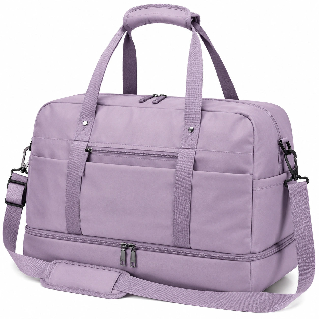 Sac de voyage 50×25×30 cm en polyester violet avec compartiment à chaussures et bandoulière réglable