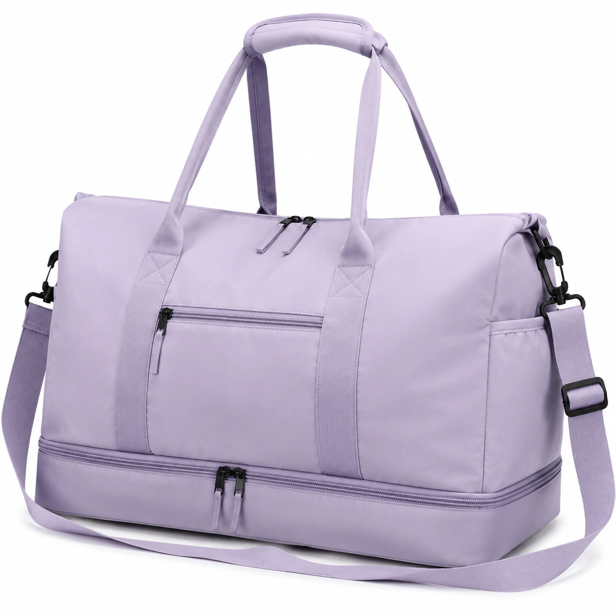 Sac de voyage 50 x 25 x 30 cm en polyester lilas avec compartiment à chaussures et bandoulière réglable