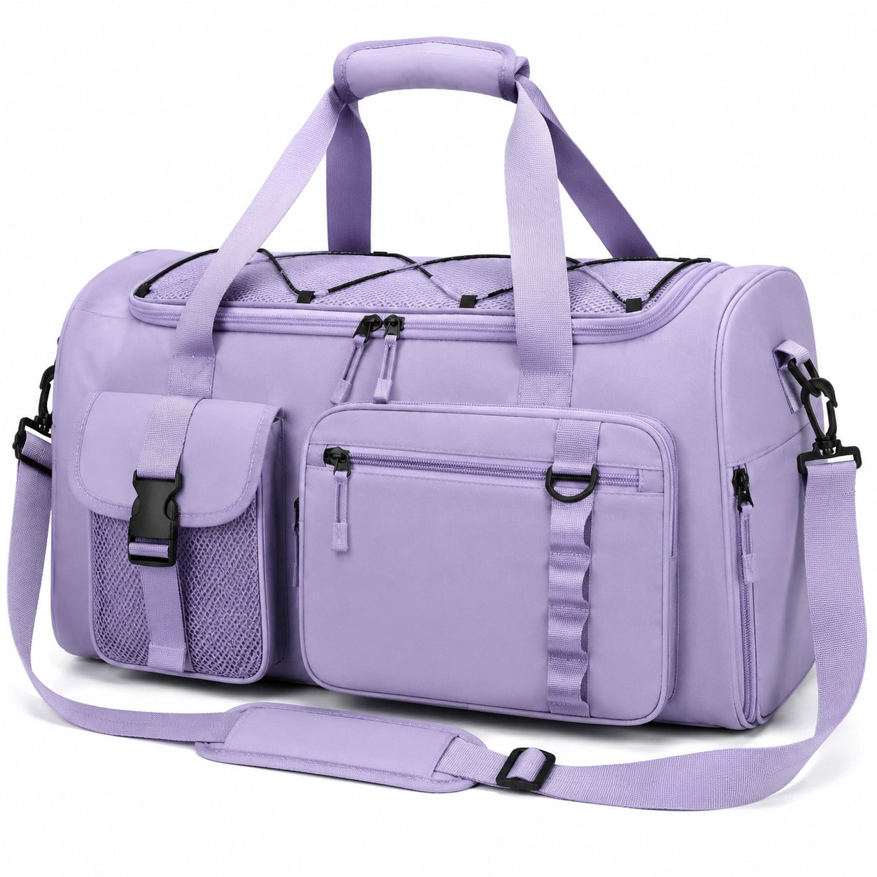 Sac de voyage 45 x 25 x 28 cm en polyester violet avec poches multiples et bandoulière réglable