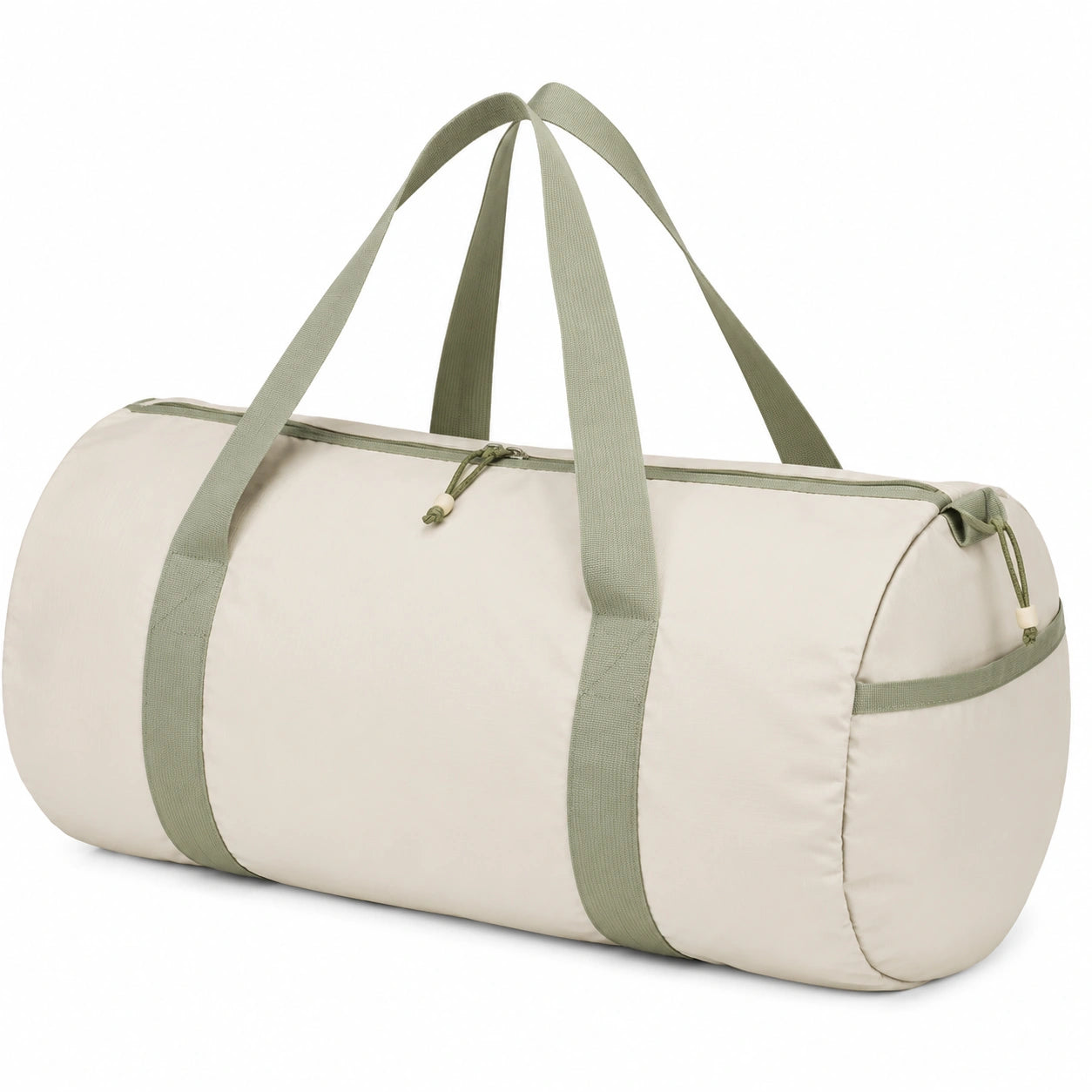 Sac de sport 50 x 25 x 25 cm en tissu synthétique beige et vert style polochon à fermeture zippée